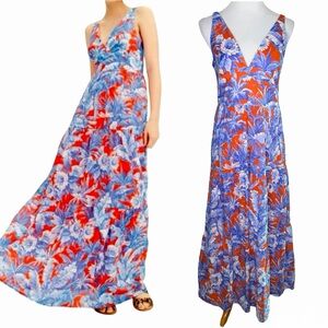 J. Crew Ratti Rio V-Neck Tiered Maxi Dress Size 12 Blue Floral Pockets Vacation